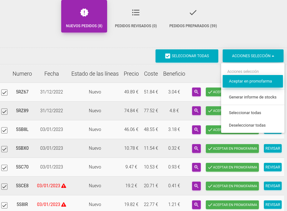 Aceptar pedidos en bloque en Promofarma