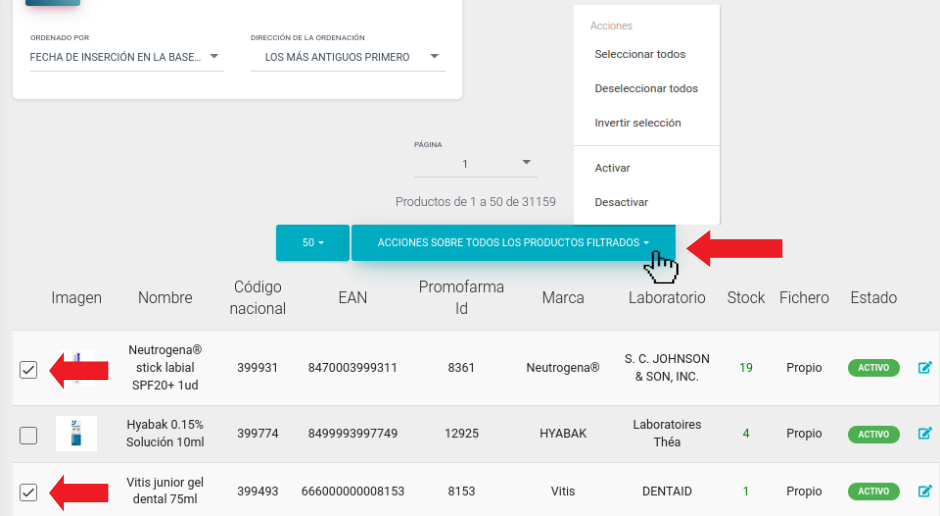 Acciones en bloque sobre productos de tu catálogo de Promofarma